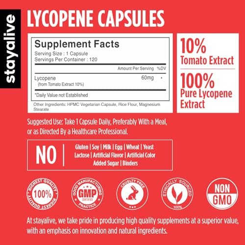 STAY ALIVE Lycopene 60mg tomato extract capsules supplement nutritional facts panel closeup.