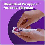 Tampax CleanSeal wrapper shown being used for hygienic tampon disposal.