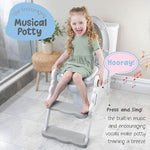 Folded collapsible baby toilet seat attachment with handles showing easy bathroom storage