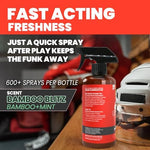 Extra strength enzyme deodorizer for football and hockey equipment highlighting the Bamboo Blitz scent.