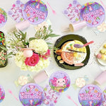 Detailed shot of axolotl party plates showing underwater coral reef pattern