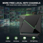 Omnidirectional indoor outdoor TV antenna displaying the 4K and 1080p resolution compatibility.