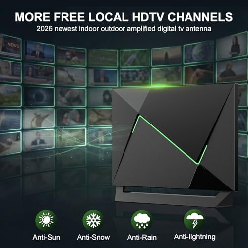 Omnidirectional indoor outdoor TV antenna displaying the 4K and 1080p resolution compatibility.