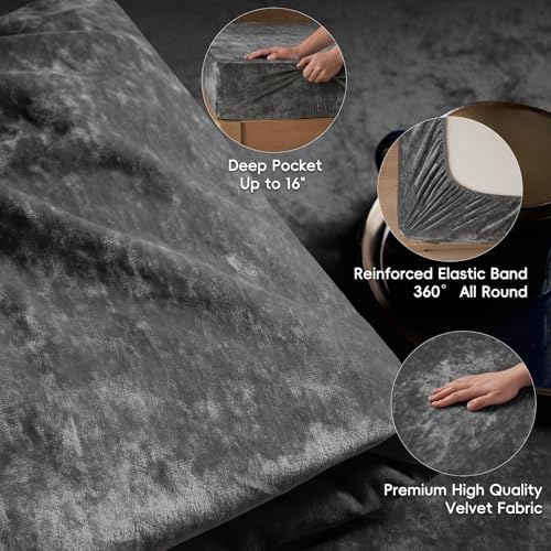 Charcoal grey velvet bed sheet on mattress