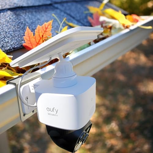 WiTi solar security camera holder mounted on a roof rain gutter line