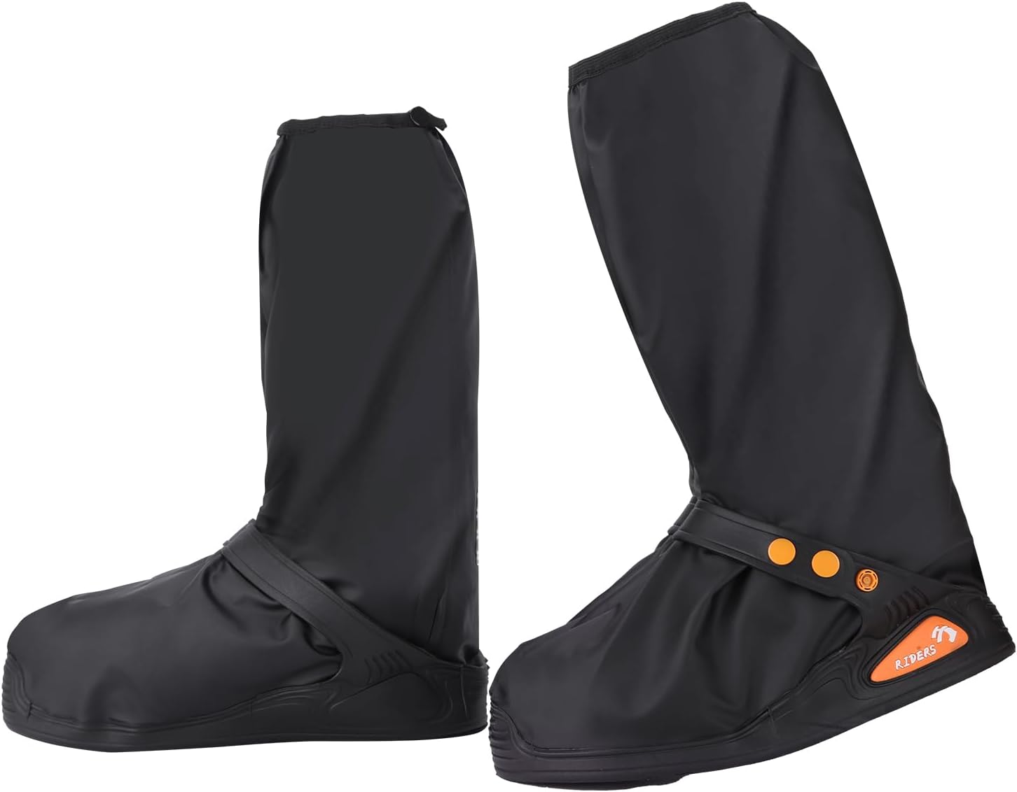 Ktocjre waterproof shoe covers with reflector front view showing high tube black PVC material