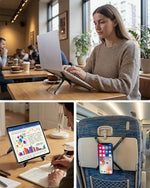 Viozon foldable computer riser collapsed down next to its travel storage pouch