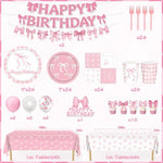 Close up of pink bow birthday plates and napkins