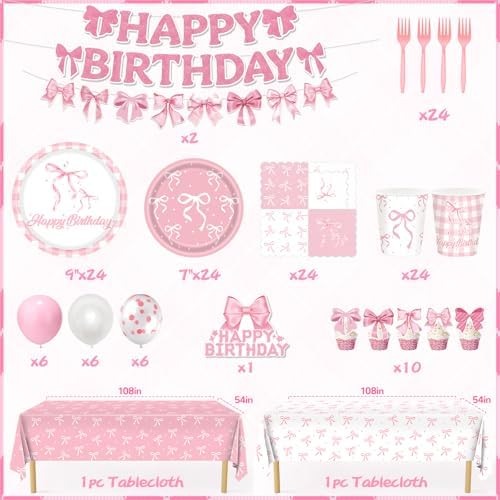 Close up of pink bow birthday plates and napkins