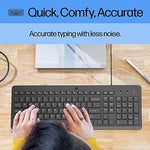 HP 150 wired computer keyboard showcasing the integrated USB cable connection.