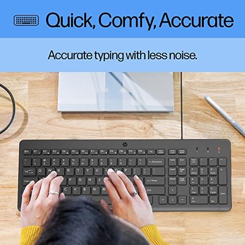 HP 150 wired computer keyboard showcasing the integrated USB cable connection.