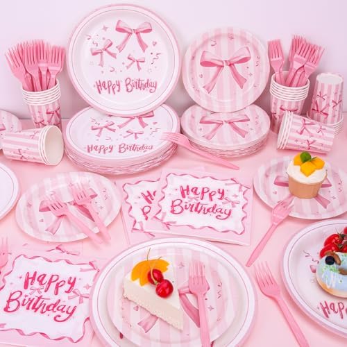 Detailed view of Redword paper party cups with pink bow design