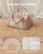 Blissful Diary blush rainbow woven nursery basket side handles detail view.
