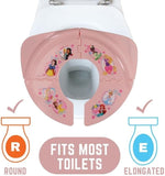 Disney character themed travel potty seat resting securely on top of a standard adult toilet