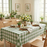 Close up of sage green gingham pattern on PEVA tablecloth