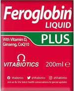 Authentic Vitabiotics Feroglobin Liquid Plus imported packaging showing adult dosage instructions