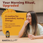 Side view of Earth Elixir 3-in-1 wellness capsules detailing the organic ingredients list.