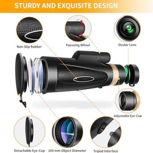 KTBDING 80x100 black monocular telescope mounted securely on its mini stabilizing tripod.