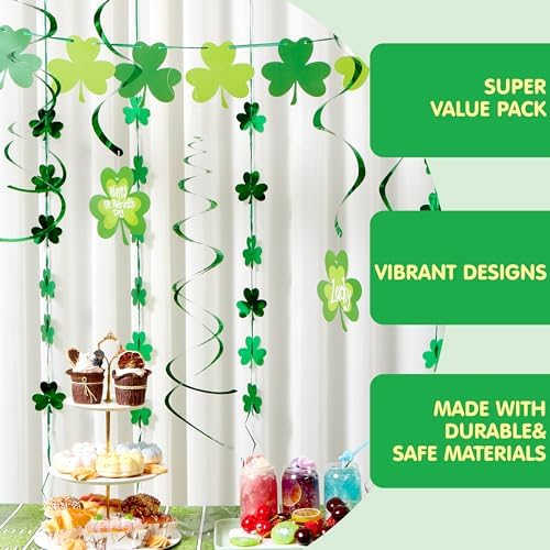 Pre-assembled Irish party decorations kit hanging elegantly from a living room ceiling