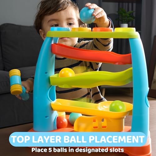 Lalalark brand kids developmental activity station with five colorful balls on a white background