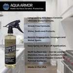 Aqua Armor ceramic coating spray application on a modern kitchen refrigerator door