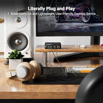 Authentic USA imported Fosi Audio Q4 package contents including optical cable and USB power cord.