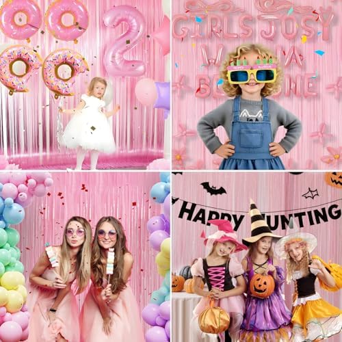 Close up of shiny pastel pink foil fringe backdrop showing double sided adhesive tape
