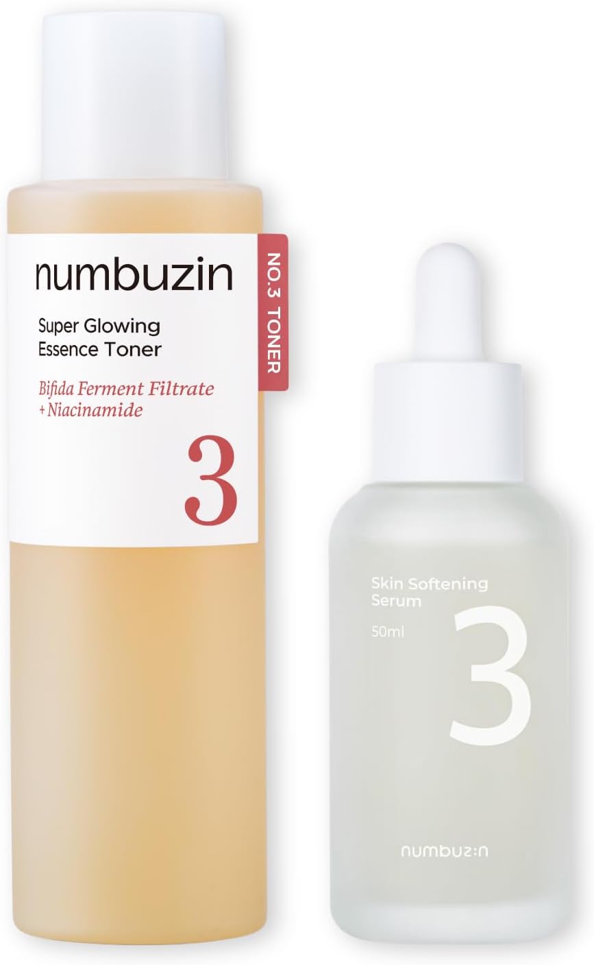 numbuzin Number Three Glowing Skin Duo set front view packaging showcasing the essence toner and serum for glass skin.