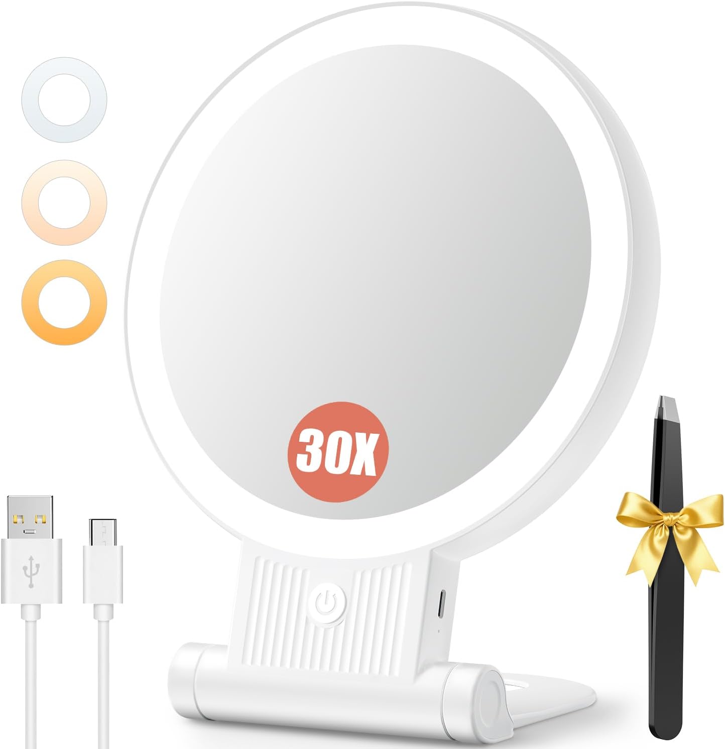Auxmir 1X 30X Magnifying Mirror with Light front view showing illuminated LED border