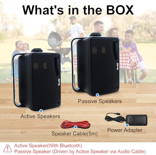 Herdio weatherproof stereo speakers providing high-fidelity loud audio performance on a poolside deck
