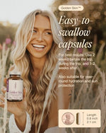 Ecosh Golden Skin tanning vitamins bottle standing upright on a clean minimalist beauty vanity background.