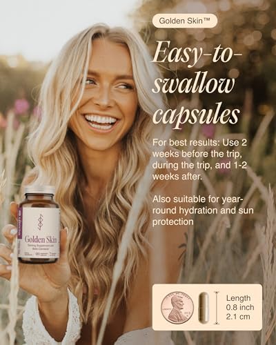 Ecosh Golden Skin tanning vitamins bottle standing upright on a clean minimalist beauty vanity background.