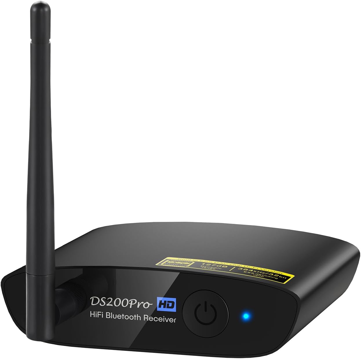 1Mii DS200Pro Bluetooth receiver front view showing sleek aluminum chassis and power button