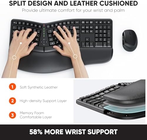 MEETION split curved computer keyboard with cushioned palm rest for comfortable typing