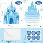 Complete thirty pack winter wonderland party invitations with envelopes and stickers spread out.