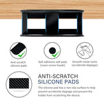 Under table electronic organizer dock holding a Mac Mini and router under wood desk.