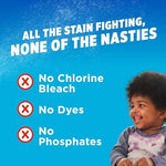 OxiClean Max Force spray bottle being used on a grease stain on white fabric.