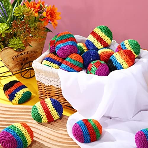 An overhead view of the full twenty piece bulk pack of Leyndo multicolored footbags.