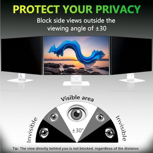 Removable computer screen protector film showing installation with transparent slide mount tabs.