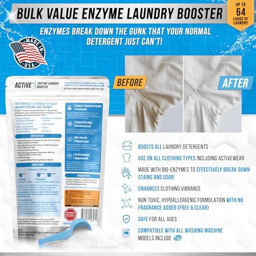 Close up of unscented enzymatic laundry powder showing concentrated bio-active granules.