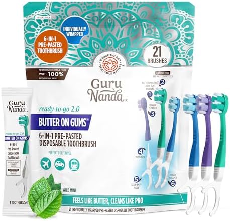 GuruNanda 6-in-1 Ready-to-Go Disposable Toothbrush, Pre-Pasted Butter on Gums Softex Bristles, Floss & Toothpick, Tongue & Cheek Cleaner, Individually Wrapped & TSA Friendly, 21 Ct - Image 1