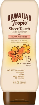 Hawaiian Tropic Sheer Touch 8 fluid ounce bottle lifestyle display