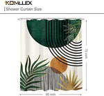 KOMLLEX neutral earth tone leaf arch sun pattern shower liner displayed inside a contemporary bathroom setup.