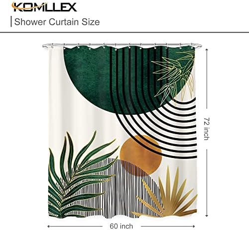 KOMLLEX neutral earth tone leaf arch sun pattern shower liner displayed inside a contemporary bathroom setup.
