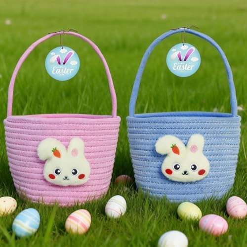 Authentic imported cotton rope kids holiday basket surrounded by festive colorful eggs