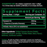 Close up of SmarterVitamins non-GMO flaxseed oil and L-Theanine bottle