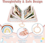 Lanpn fabric baby memory book illustrating the built-in safety mirror and interactive features.