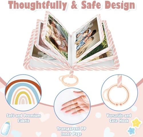Lanpn fabric baby memory book illustrating the built-in safety mirror and interactive features.