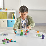 Assembled Numberblocks characters from one to ten built using linking plastic cubes