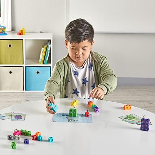 Assembled Numberblocks characters from one to ten built using linking plastic cubes